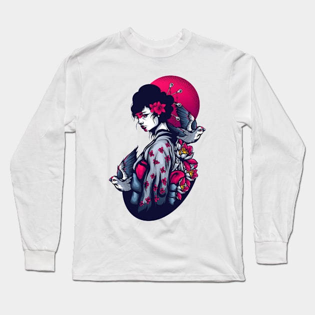 Pigeon Blood Moon T-Shirt Geisha Women Long Sleeve T-Shirt by MaryMas